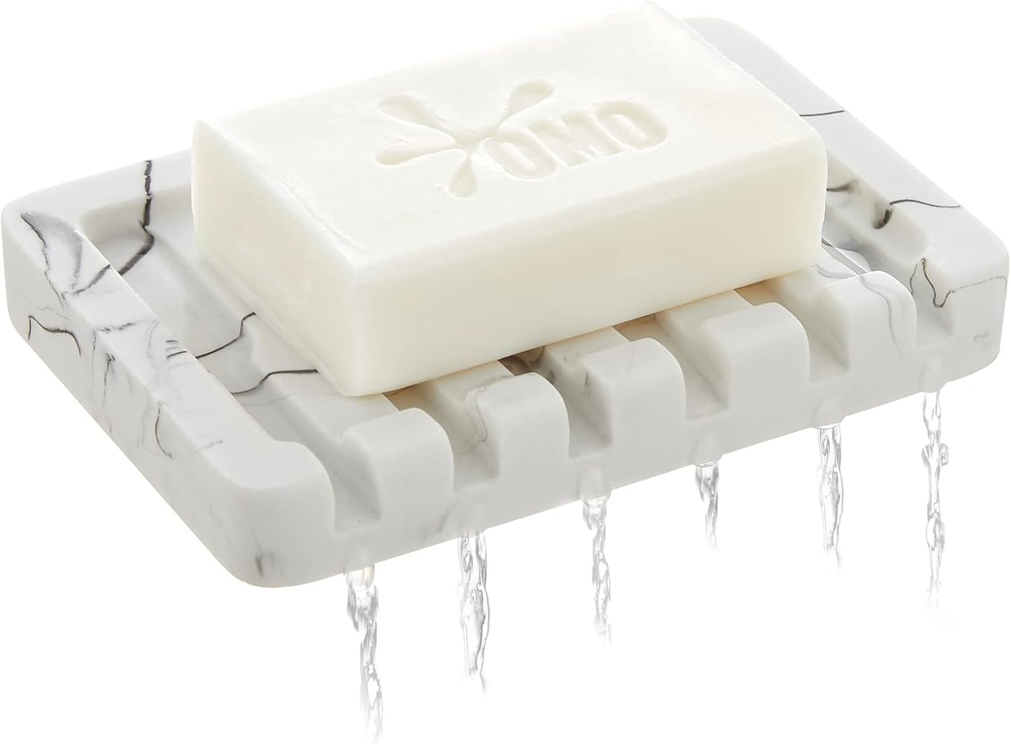 2PCS Self Draining Soap Dish - Marble Look Soap Holder Tray Savers Box Container Sponge Holder for Bathroom Shower Kitchen, White