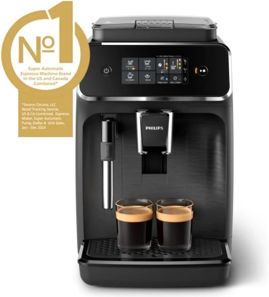 Philips 2200 Series Fully Automatic Espresso Machine, Classic Milk Frother, 2 Coffee Varieties, Intuitive Touch Display, 100% Ceramic Grinder, AquaClean Filter, Aroma Seal, Black (EP2220/14)