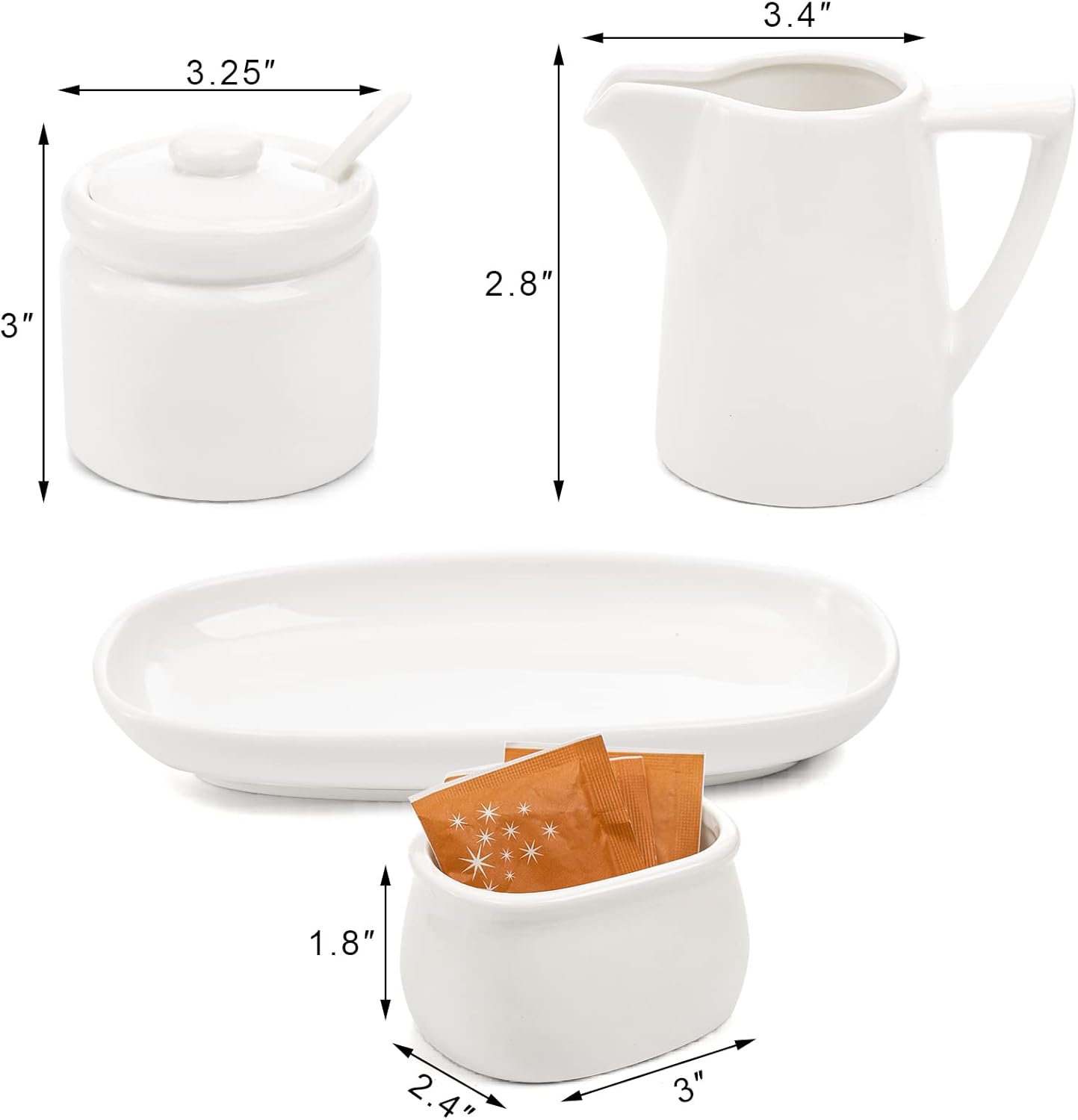 ZENFUN Set of 4 Porcelain Creamer and Sugar Set with Saucer, Sugar Bowl with Lid and Spoon, Cream Pitcher, Sweetener Holder, Coffee Serving Set for Kitchen Home Cafe Party, Restaurant, White