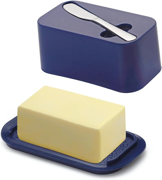 Evanda Butter Dish with Lid for Countertop and Refrigerator Door Shelf with Butter Spreader Knife, Butter Keeper, Plastic Butter Holder Tray Container for West/East Coast Butter