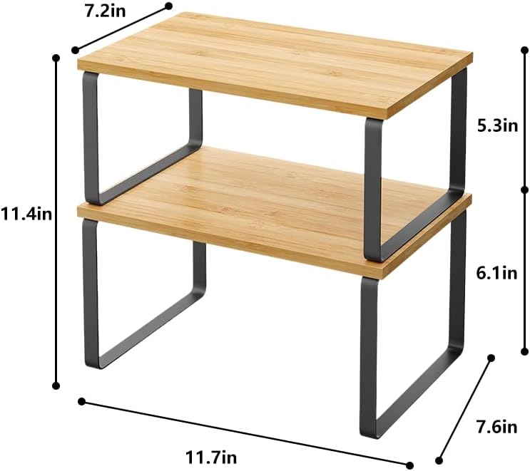 Cabinet Organizer Shelf, Set of 2 Stackable Counter Shelves, Wood and Metal Cabinet Storage Rack, Expandable Kitchen Spice Rack, Multi-Purpose Shelf for Pantry, Bathroom, or Tabletop