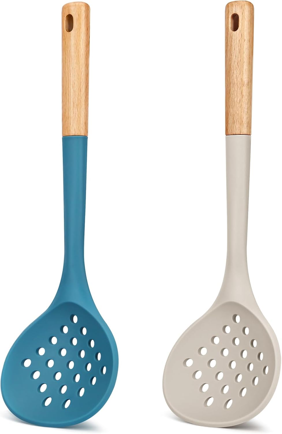 Kitchen Ladle Strainer, Large Slotted Spoon with High Heat Resistant BPA Free, Non Stick Cooking Skimmers For Draining & Frying, 13.2inch (Khaki & Blue)