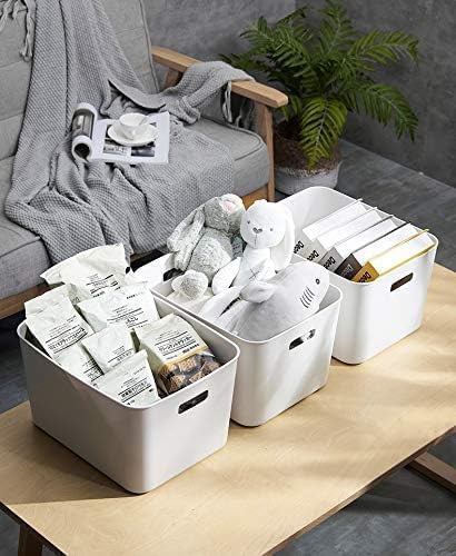 Set Of 4 Plastic Storage Bins,“13.4x10.2x8”Versatile Kitchen Pantry Organization and Storage,for Plastic Storage Container Under Bed,Under Sink Bathroom Organizer (White, 4 Pack Large)