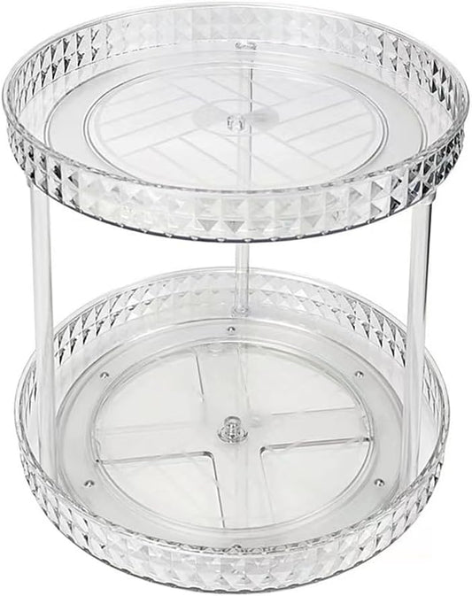 2 Tier Clear Lazy Susan Organizer for Fridge and Cabinet, 360° Rotating Makeup Organizer, Cosmetic Display Cases, Under Sink Turntable Organizer for Kitchen Bathroom Dorm