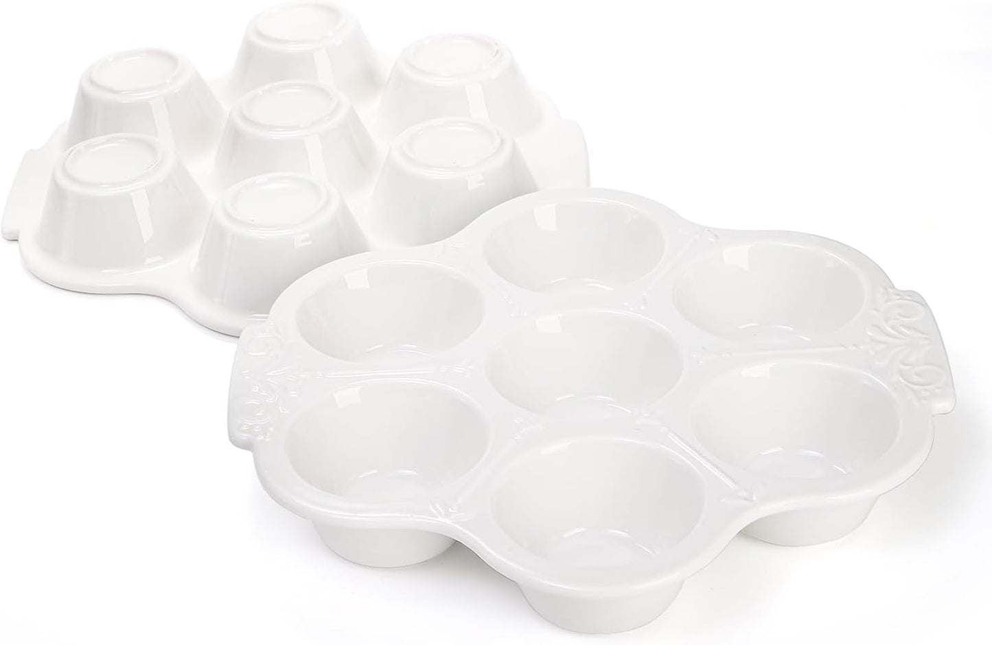 Youeon 2 Pack Ceramic Muffin Pans 7 Cups, Nonstick White Floral Cupcake Baking Pan with Handle, Muffin Tins for Muffins, Cupcakes, Tarts, Mini Cheesecakes, Oven and Dishwasher Safe