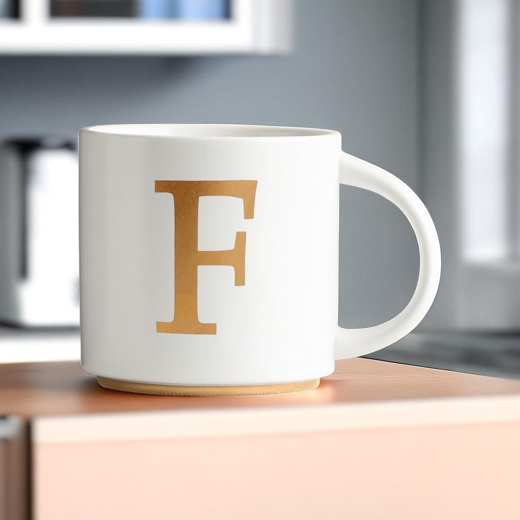 COLLECTIVE HOME - Monogram Ceramic Mugs, 15 oz Golden Initial Coffee Cups, Elegant Alphabet Tea Mugs, Elegant Personalized Mug with Gift Box, Unique Mug with Double Side Capital Letter (F)