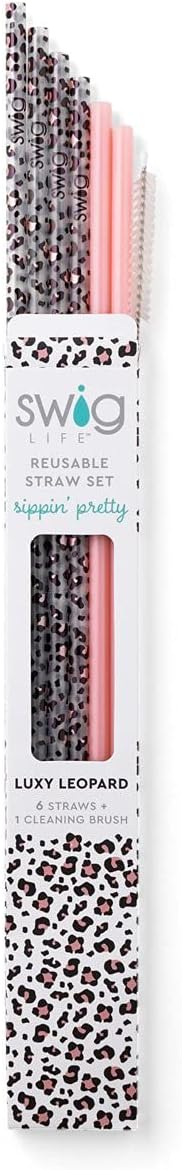 Swig Life Reusable Straws Luxy Leopard + Blush Reusable Straw Set + Cleaning Brush, Each Straw is 10.25 inch Long (Fits Swig Life 20oz Tumblers, 22oz, and 32oz Tumblers)
