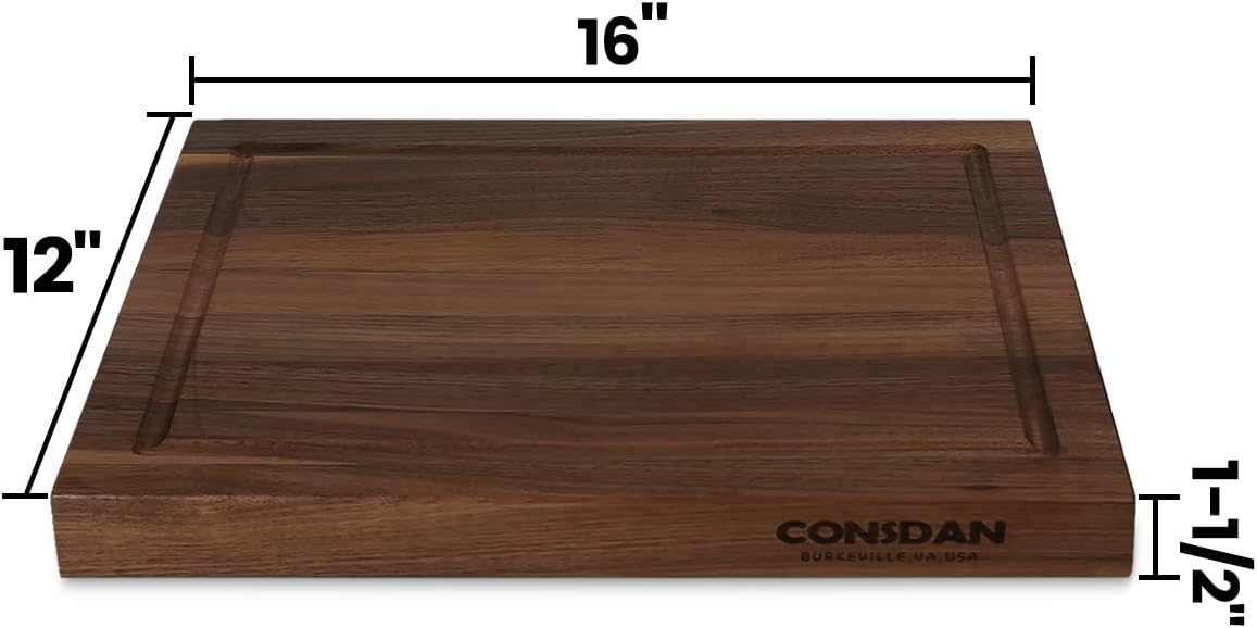 CONSDAN Walnut Cutting Board for Kitchen, USA Grown Hardwood, 16 x 12, with Invisible Inner Handle, Prefinished with Food-Grade Oil, Suitable for Kitchen Edge Grain, 1-1/2" Thick