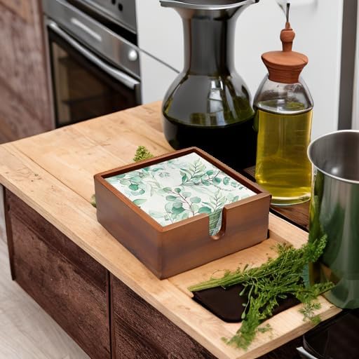 Acacia Cocktail Paper Napkin Holder Square 5.4x5.4 inches, Wood Flat Napkin Tray, Cocktail Napkin Caddy For Kitchen Décor, Restaurant Countertop Bar Accessories