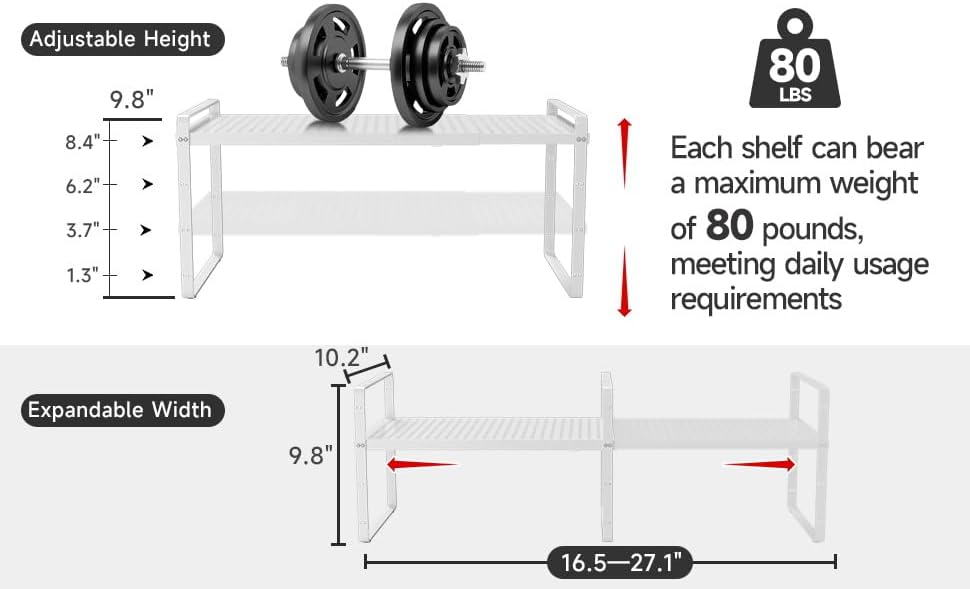 Hole Pattern Expandable Shelf Organizer,1Pack 8.1" Wide Easy to Assemble Cabinet Organizer Shelf, 16.5~27.1" Adjustable Height&Stackable Spice Organization for Cupboard, White