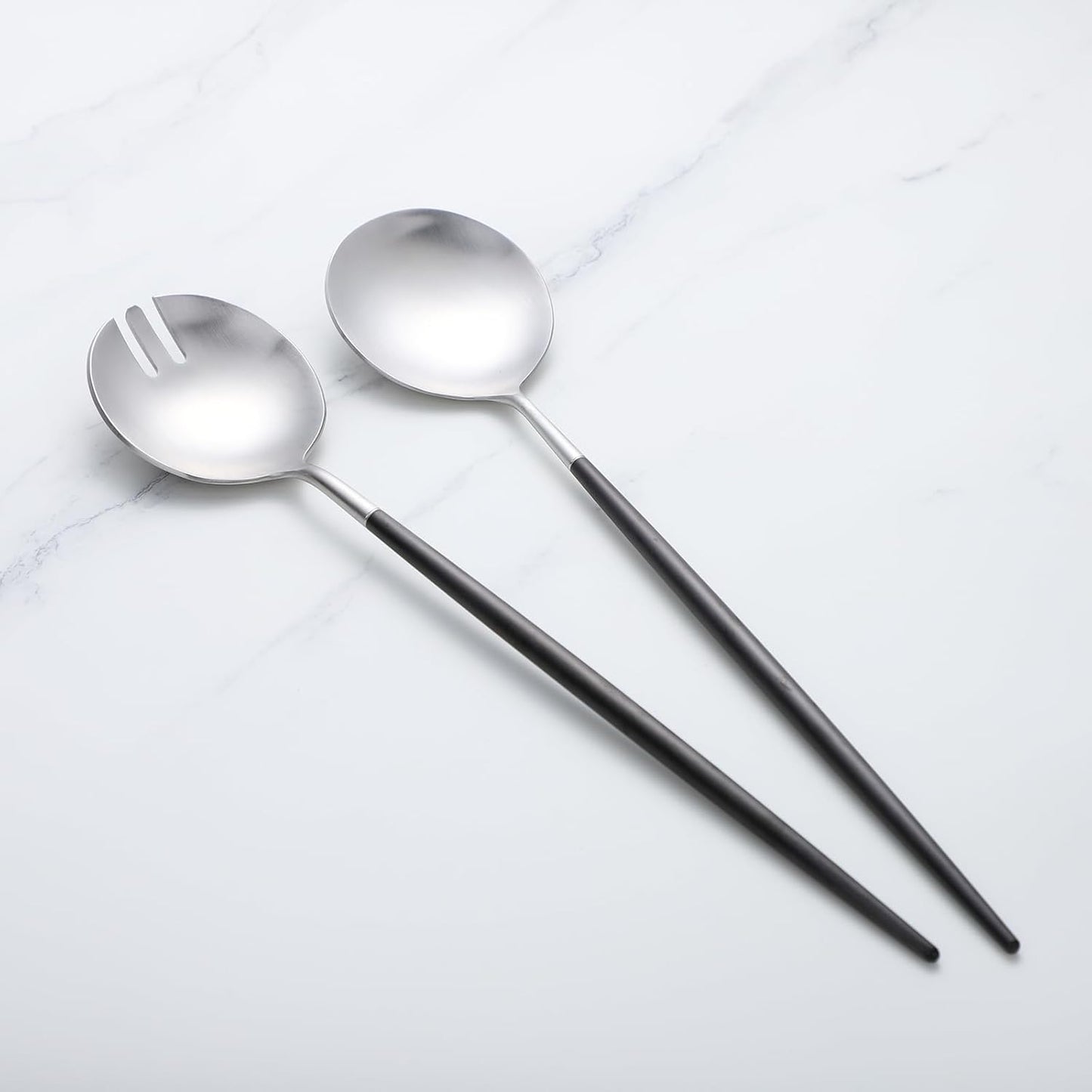 Salad Servers,Spoon and Fork Set 11.41 inch,18/10 Stainless Steel Salad Serving Titanium Plating (black silver)