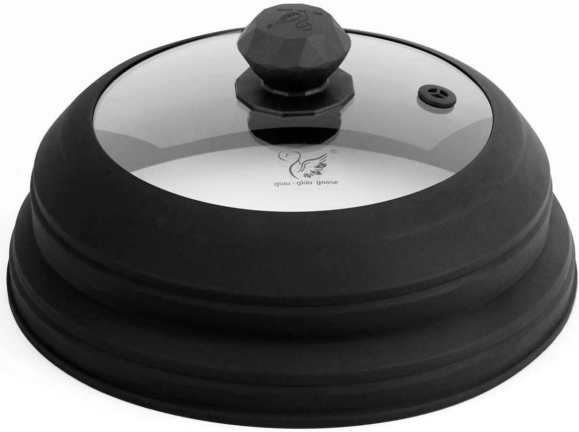 Microwave Splatter Cover Vented Glass Splatter Guard Lid with Collapsible Silicone for Food as Pot Cover Plate 9.8 inch Black