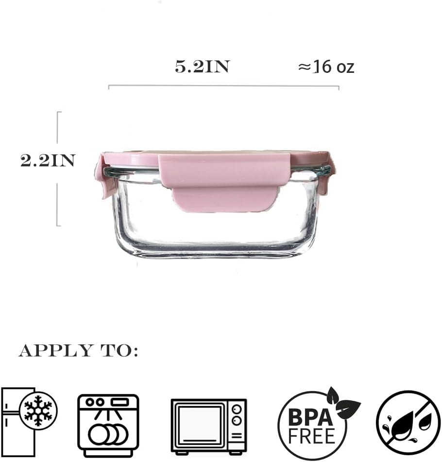 8PC Square Glass Containers With Lids, Glass Square Meal Prep Containers Set, 2 Cup Clear Small Food Containers For Soup Snack fruit, Microwave, Dishwasher, Freezer Safe - (4 color)