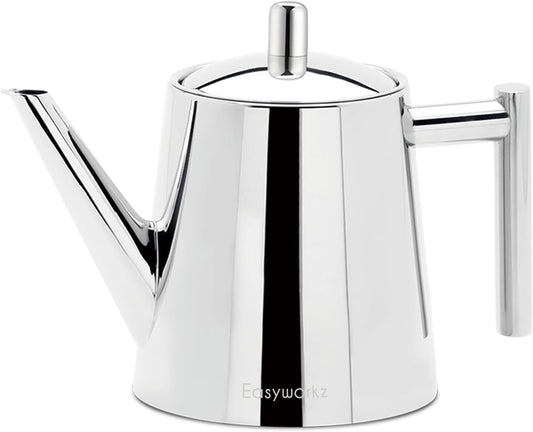 Easyworkz Stainless Steel Double Wall 34 oz Tea Pot with Removable Tea Infuser, Perfect for Brewing Your Favorite Tea, Chrome