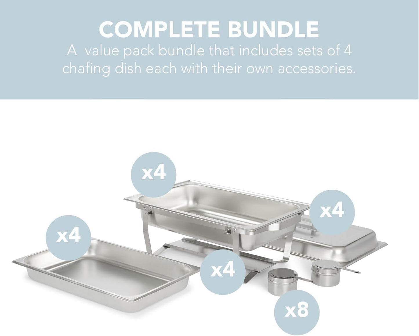4 Pack 9.5QT Chafing Dish Full Set – Stainless Steel Catering Chafer with Lids, Pans & Fuel Holders – Buffet Food Warmers for Parties, Events & Weddings (Rolled Edges)