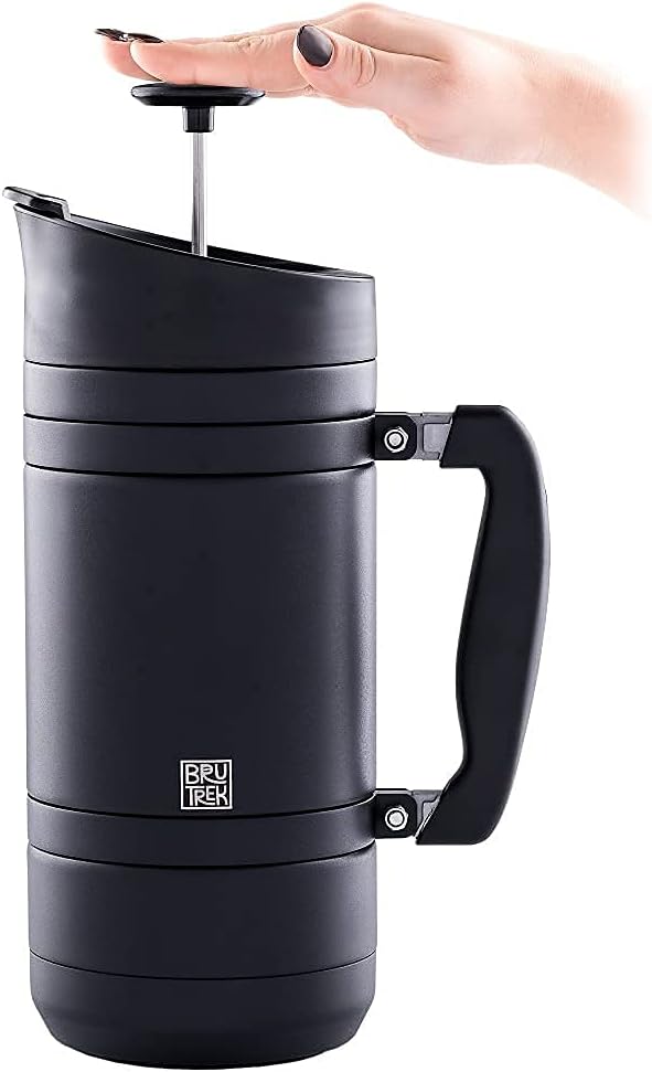 BaseCamp Coffee Press - Double Wall Insulated Stainless Steel - Bru-Stop Technology, No Grounds in Coffee, No Spill Lid (Obsidian, 48 fl.oz)