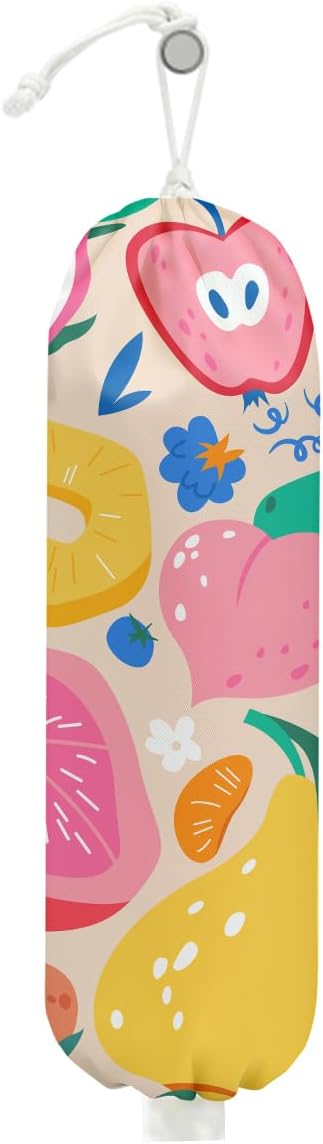 Abstract Summer Fruits Plastic Bag Holder for Kitchen Essentials, Grocery Bag Holder for Plastic Bags, Dragon Fruit Orange Peach Reusable Grocery Bags Storage Dispenser for Home Kitchen Farmhouse