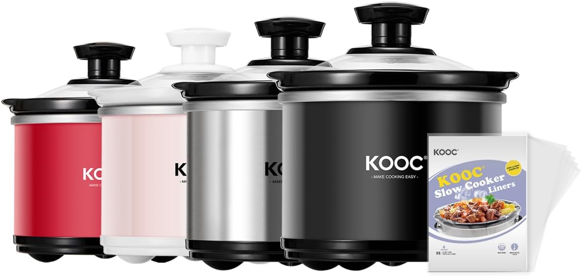KOOC Small Slow Cooker, 0.65 Quart, Free Liners Included, Upgraded Ceramic Pot, Nutrient Loss Reduction, Sauces, Stews & Dips, Stainless Steel, Black, Round
