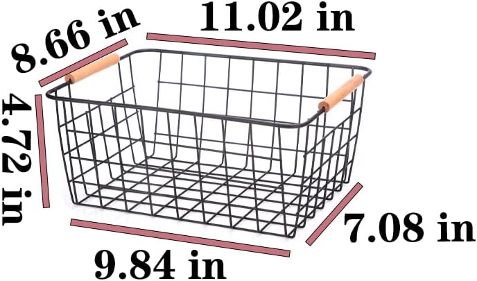 Metal Wire Food Storage Basket Organizer with Wooden Handles for Organizing pantry organizers and storage Kitchen Cabinets, 2 Packs-Black