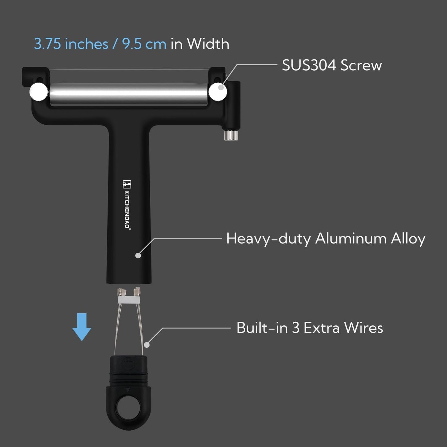 KITCHENDAO Adjustable Wire Cheese Slicer Cutter, 50% Stronger Wires with 2nd Gen Wire Fixing Mechanism, Adjustable Hand-Held Wire Cheese Cutter, Quick Replacement, Dishwasher Safe, with 3 Extra Wires