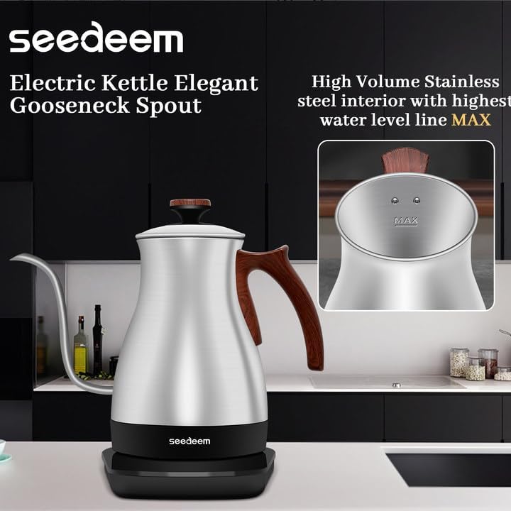 SEEDEEM Gooseneck Electric Kettle Full Touch Screen 1200W Electric Tea & Coffee Kettle with Four Heating Modes Rapid Heating,±1℉ Temperature Control，Keep Warm Mode,1L Electric kettle