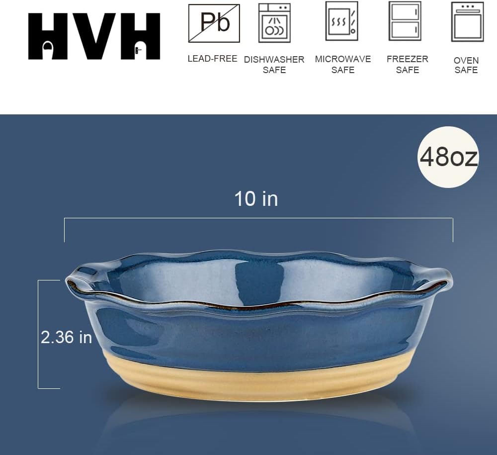 HVH 10 inch Pie Pan for Baking, Ceramic Pie Dish, Deep Dish Pie Plate for Dessert Kitchen, Deep Dish Pie Pan with Fluted Edge, Set of 2, Farmhouse Style (Blue)
