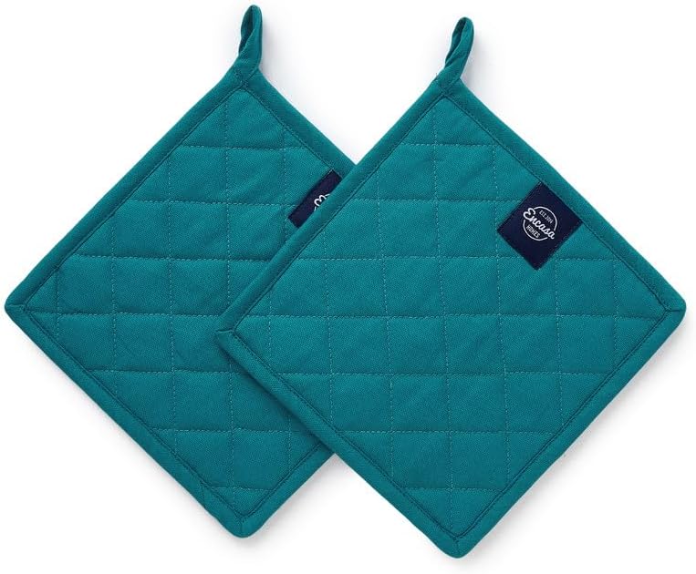 Encasa XO Heat Resistant Cotton Pot Holders with Hanging Loop - Set of 2 - Azul Blue - Multipurpose Quilted Everyday Hot Pad for Kitchen, Camping, BBQ & Microwave - 8x8 in