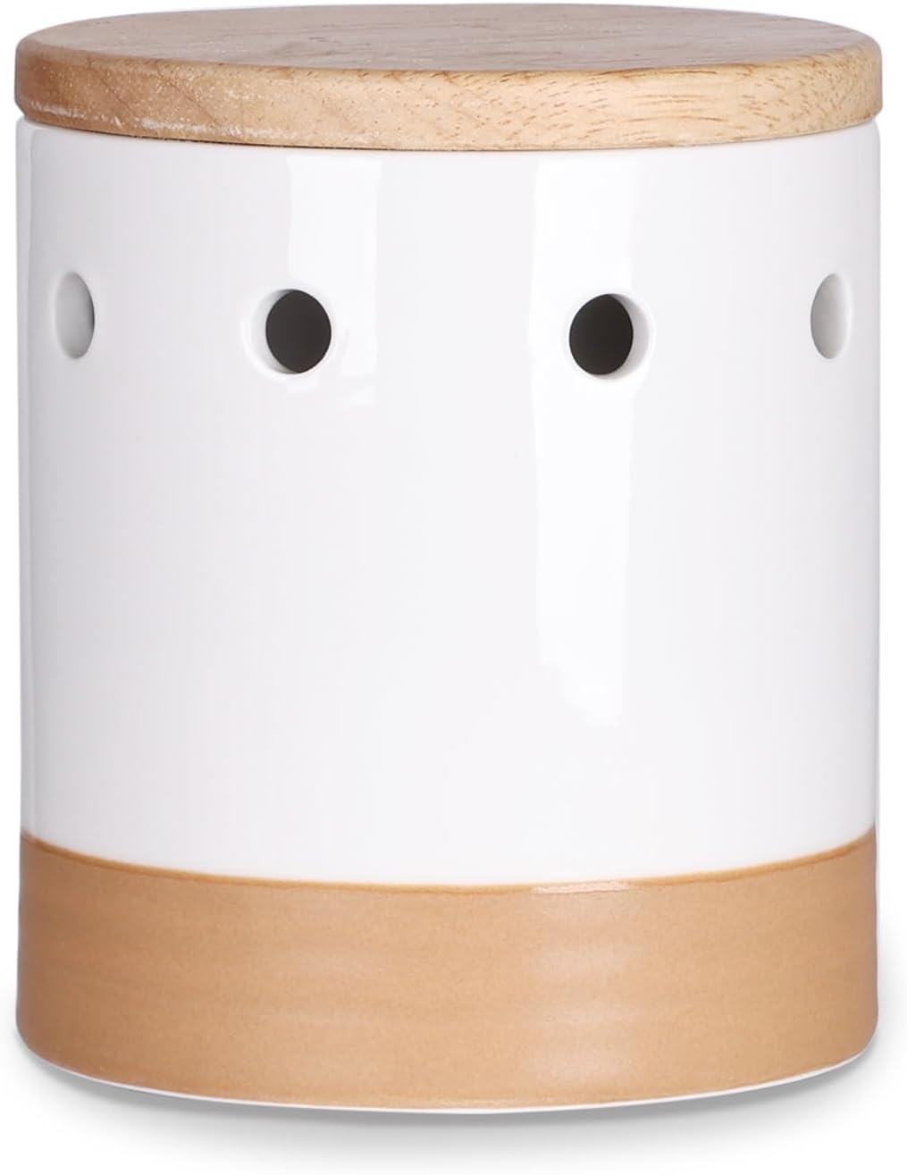 LEETOYI Garlic Keeper with Wooden Lid, Ceramic Garlic Holder Storage Container for Countertop, Saver to Keep Garlic Cloves Fresh Longer