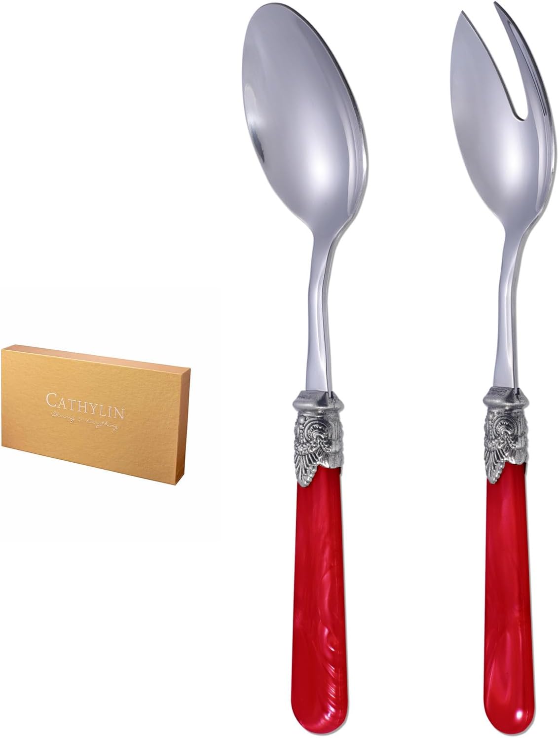 2-piece Salad Servers Stainless Steel Salad Serving Set Salad Fork and Spoon (Red)
