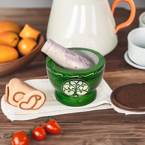 Mortar and Pestle, Made of Heavy Duty Polished Hard Stone, Natural Stone Grinder for Spices, Pastes, Herbs, Seasoning etc. (Green Tree of Life)