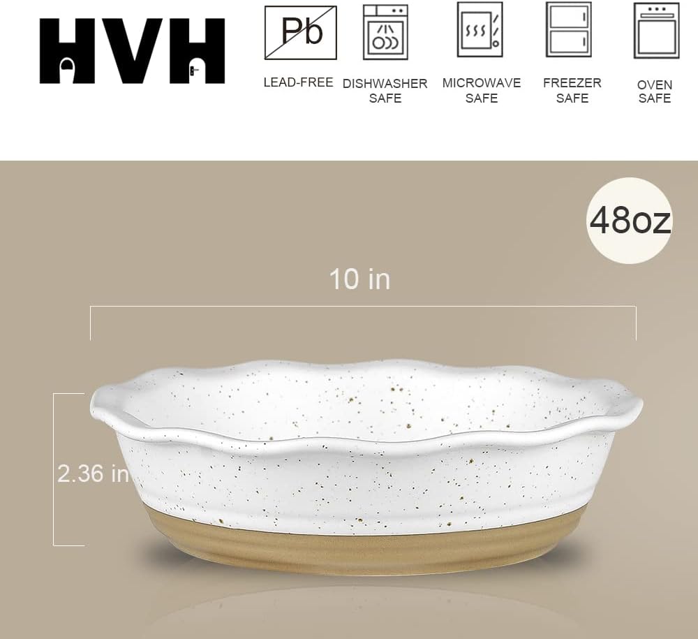 HVH 10 inch Pie Pan for Baking, Ceramic Pie Dish, Deep Dish Pie Plate for Dessert Kitchen, Deep Dish Pie Pan with Fluted Edge, Set of 2, Farmhouse Style (White)