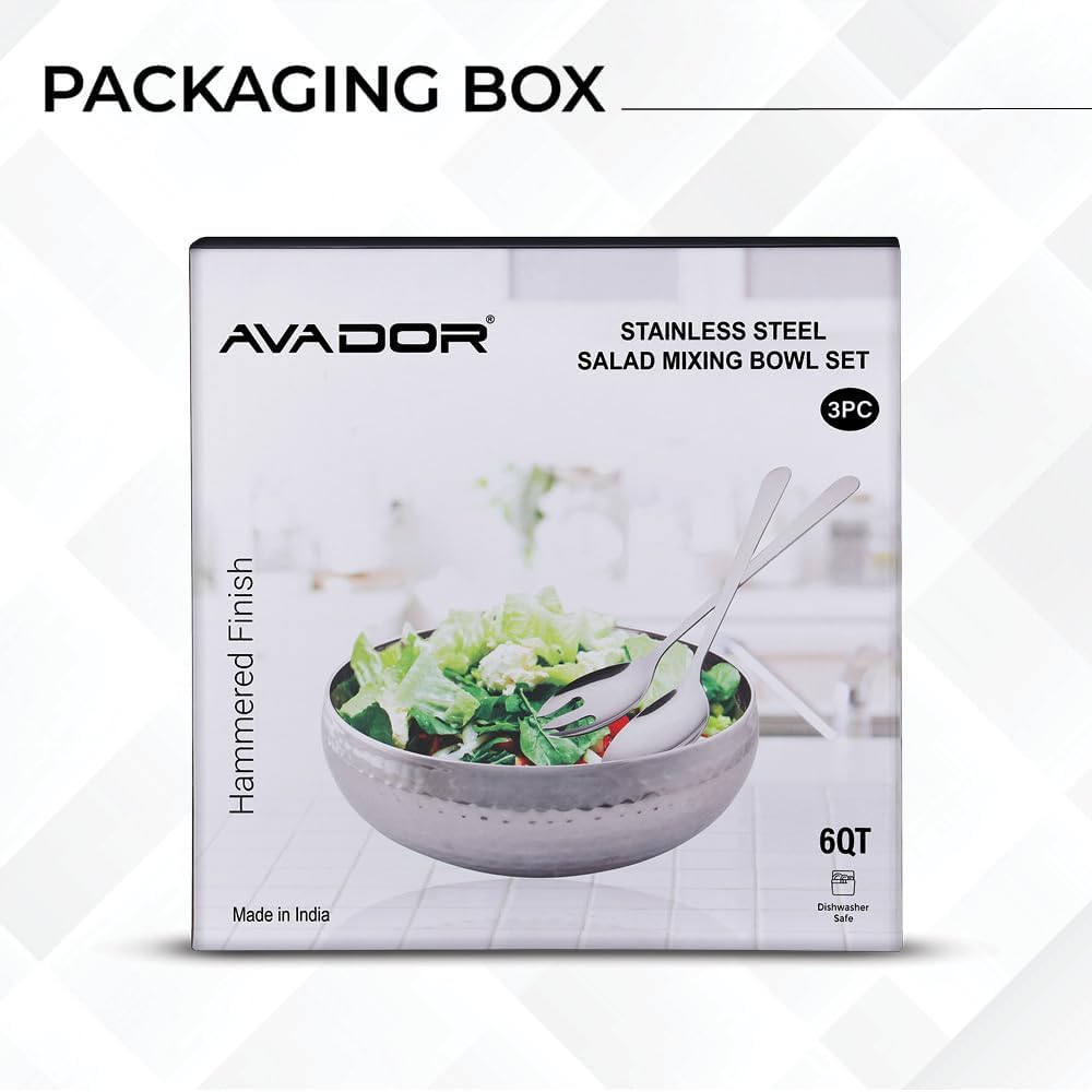 Avador® Set of 3 Premium Stainless Steel Salad Mixing Bowl Hammered Finish | Handmade | Includes Salad Serving Utensils (Stainless Steel)