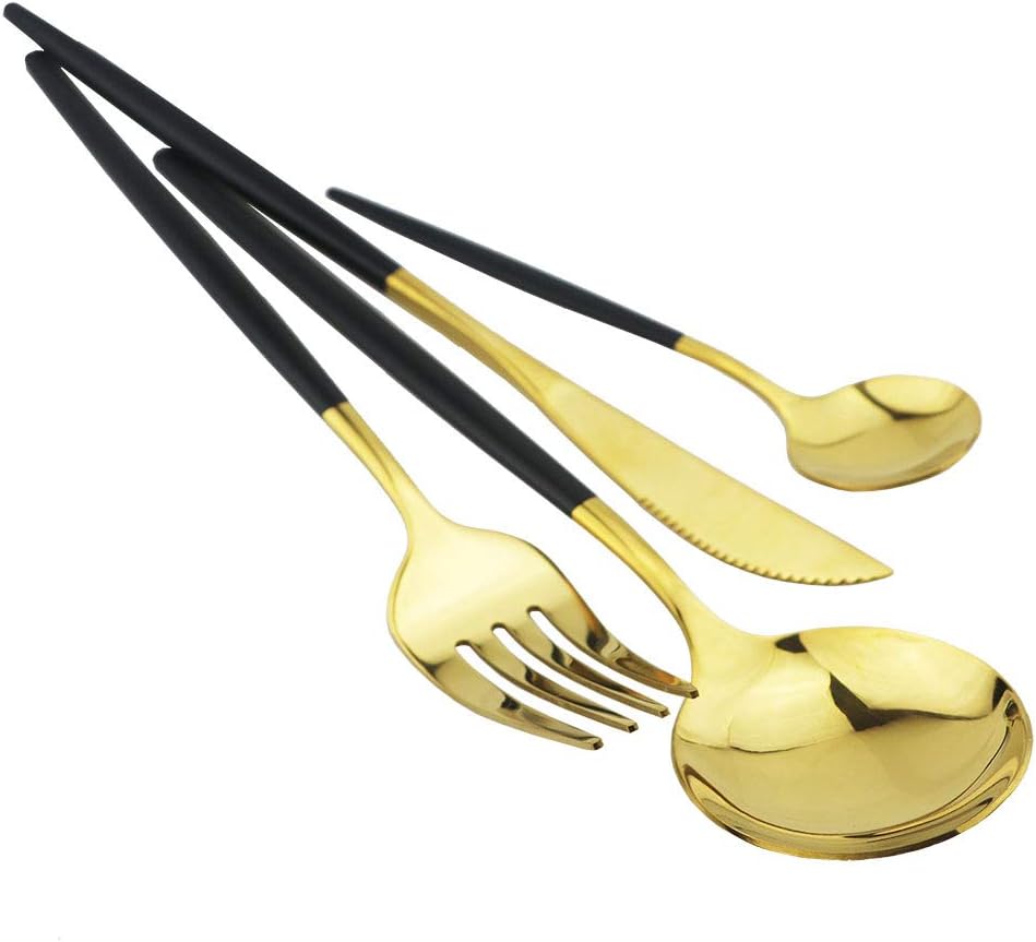 Black Gold Silverware Set, JASHII 30-Piece Stainless Steel Satin Finish Flatware Set, Kitchen Utensil Set, Mirror Polished Tableware Cutlery Set for Home and Restaurant, Dishwasher Safe