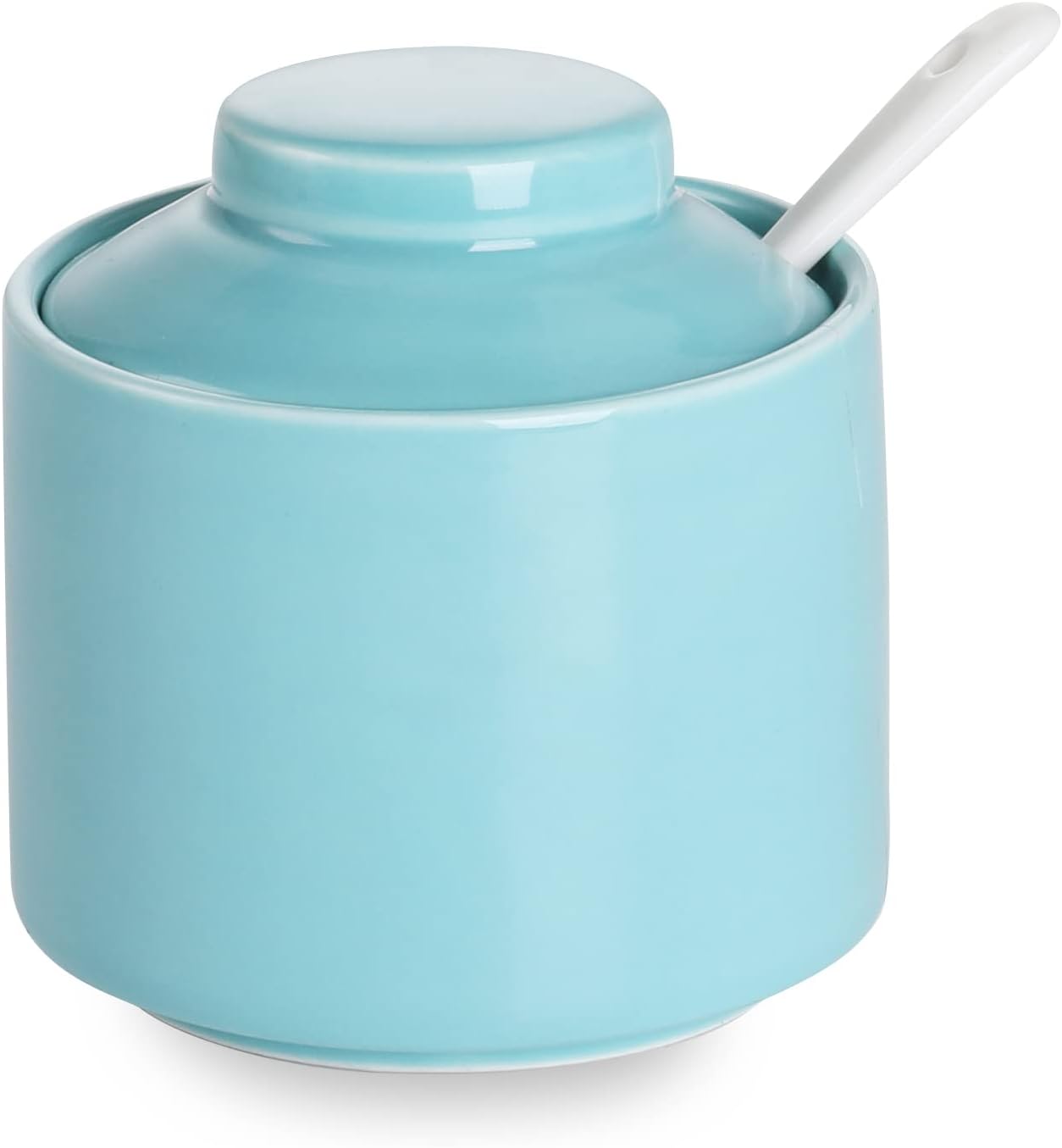 ONTUBE Ceramic Sugar Bowl with Lid and Spoon,Porcelain Seasoning Box Salt Bowl,8oz （Turquoise Blue）