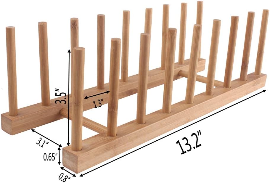 8-Slots Bamboo Wooden Dish Rack Storage Organization Plate Rack Stand Pot Lid Holder Kitchen Cabinet Organizer