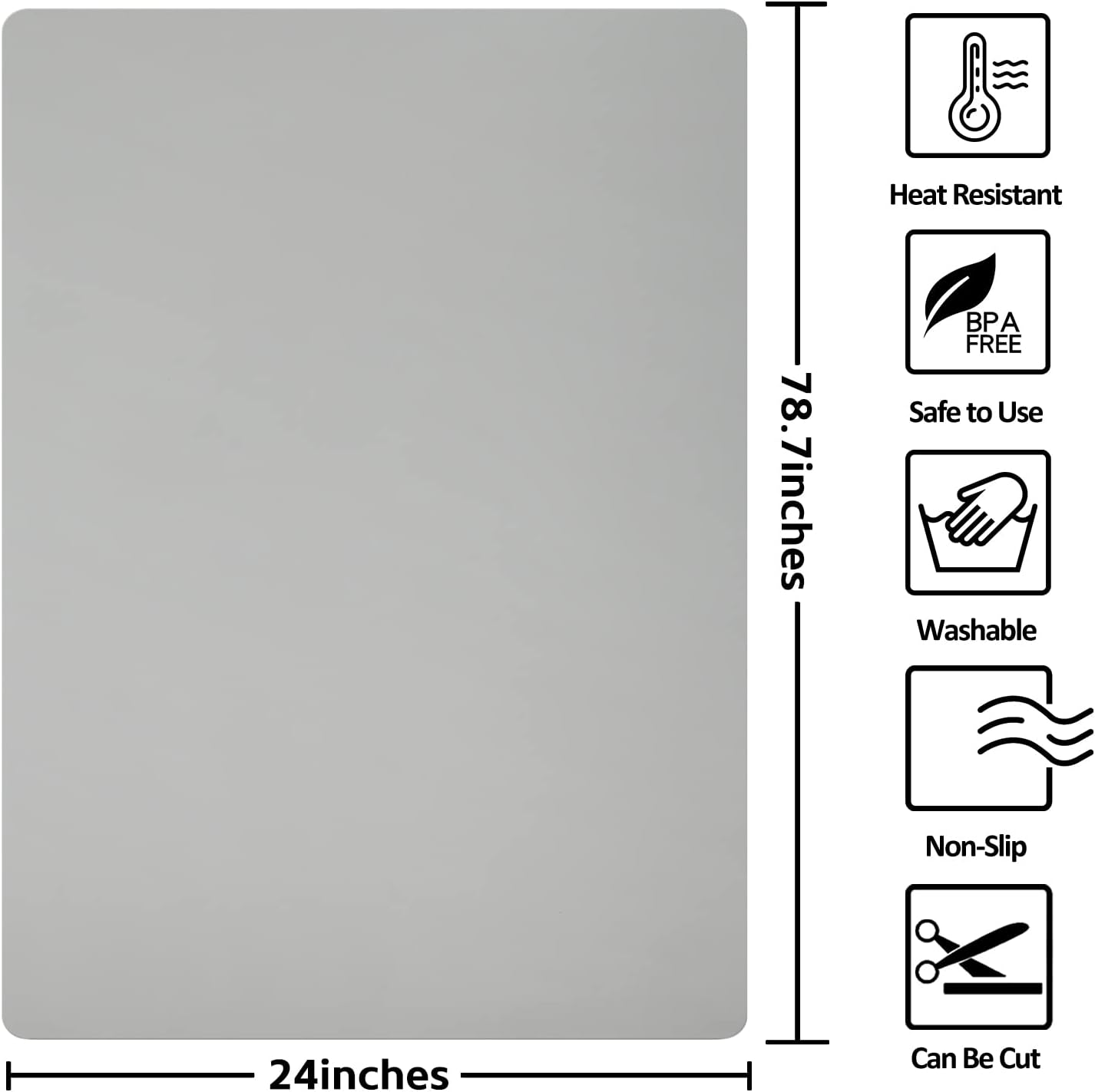 Silicone Mats for Kitchen Counter, Nonslip Silicone Mats for Crafts Countertop Protector Heat Resistant Mat (78.7” x 24” x 0.08”, Grey)