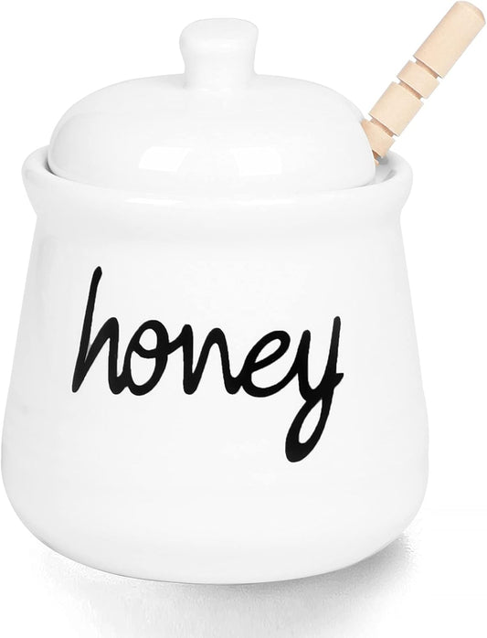 12 oz Honey Jar with Dipper and Lid, Ceramic Honey Pot, White
