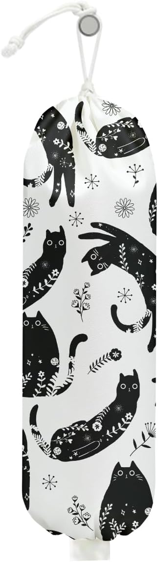 Black White Floral Cat Plastic Bag Holder, Wall Mount Grocery Bag Holder for Plastic Bags, Vibrant Cats Reusable Grocery Bags Storage Dispenser for Home Kitchen Decor, Cat Lover Gifts for Women