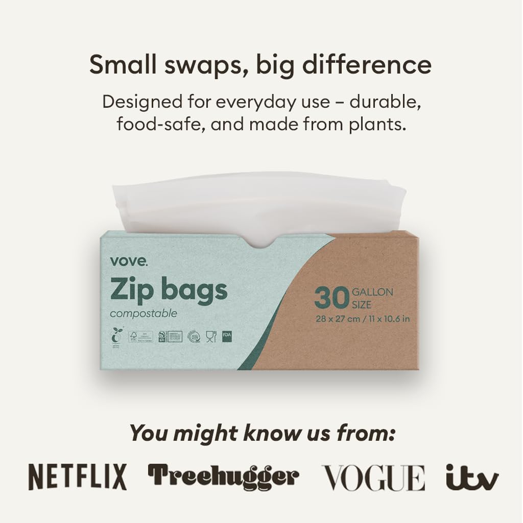 Vove Compostable Gallon Bags, Extra Large 30 Count – Freezer Safe, Leak Proof, Non Toxic Food Storage for Meal Prep & Snacks, Plant-Based Eco Bags