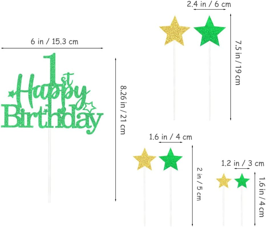 Glittery 1st Happy Birthday Cake Topper with Star,Personalised 1 Birthday Cake Toppers Party Decorations Party Supplies for Baby Boys Girls Green Gold