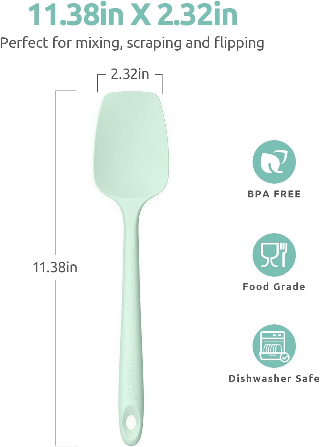 Heat Resistant Silicone Spoon Spatula: U-Taste 600ºF High Heat Flexible 11.38in Silicon Mixing Stirring Cooking Scraping Baking Bowl Scraper, Seamless for Kitchen Nonstick Cookware (Mint Green)