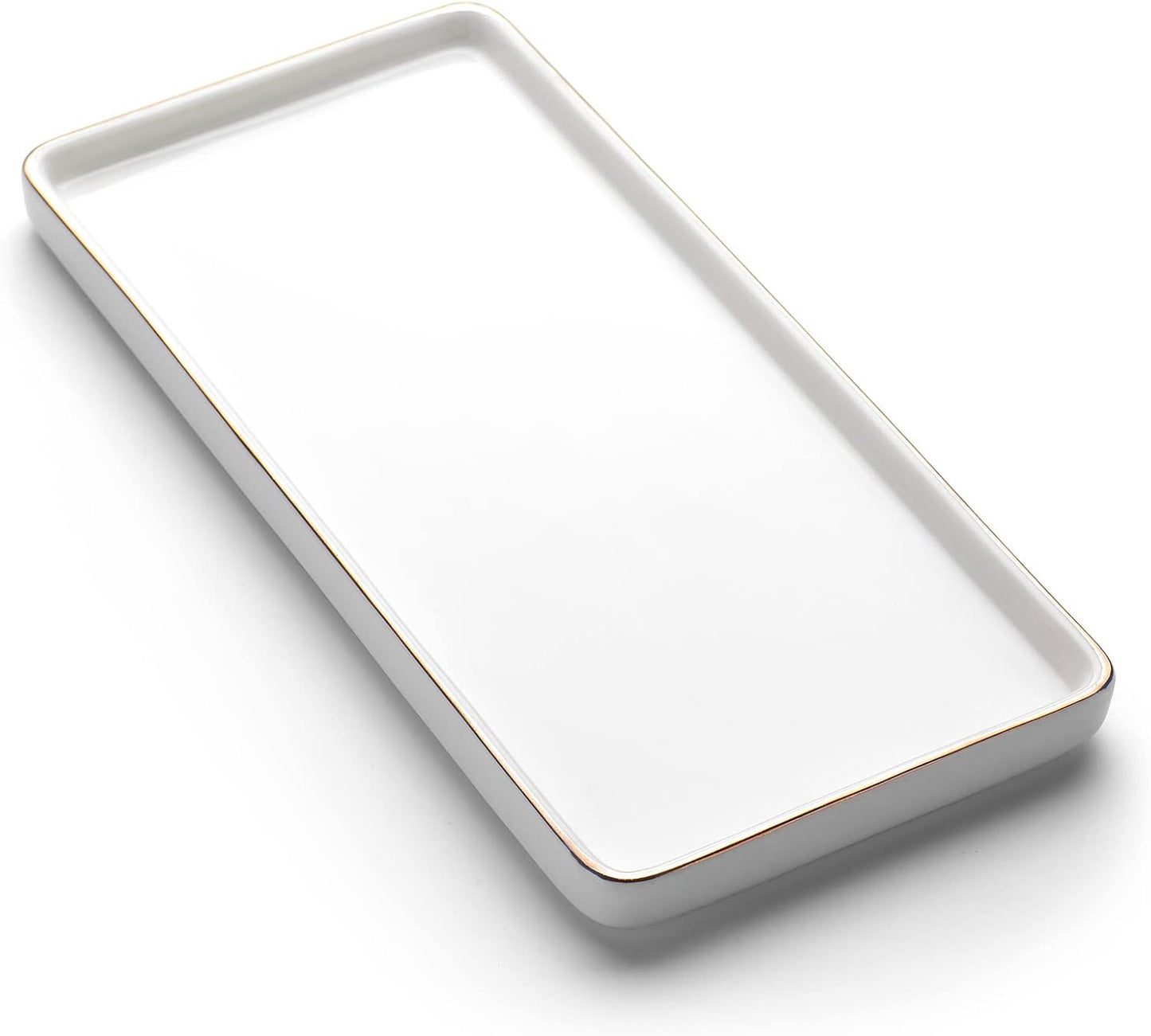 Gurygo 10" Bathroom Tray, Ceramic Vanity Trays for Bathroom, Small Ceramic Tray, Kitchen Soap Trays for Kitchen Counter (White with Gold-Edged, 10",Set/1)