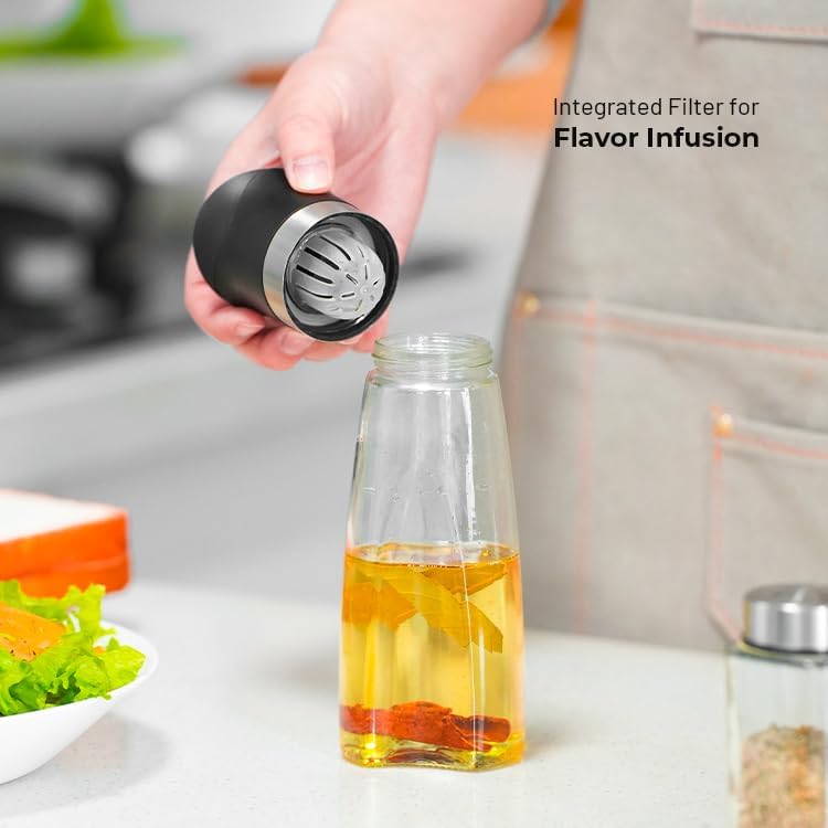 Premium Glass Olive Oil and Vinegar Dispenser Bottles Set, 2-Piece Kitchen Cooking Cruet with Auto-Open Lid, Non-Drip Pouring Spout, Oil Infuser Filter, Dishwasher Safe (White 11oz)