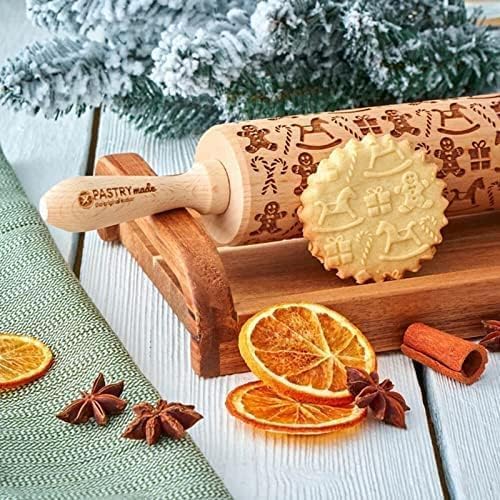 Christmas Wooden Rolling Pin for Baking Engraved Embossing Rolling Pin Cookie Stamps Roller Square Grid Cookies Mold Kitchen Decor Tools for Baking Embossed Cookies (Gingerbread Man)
