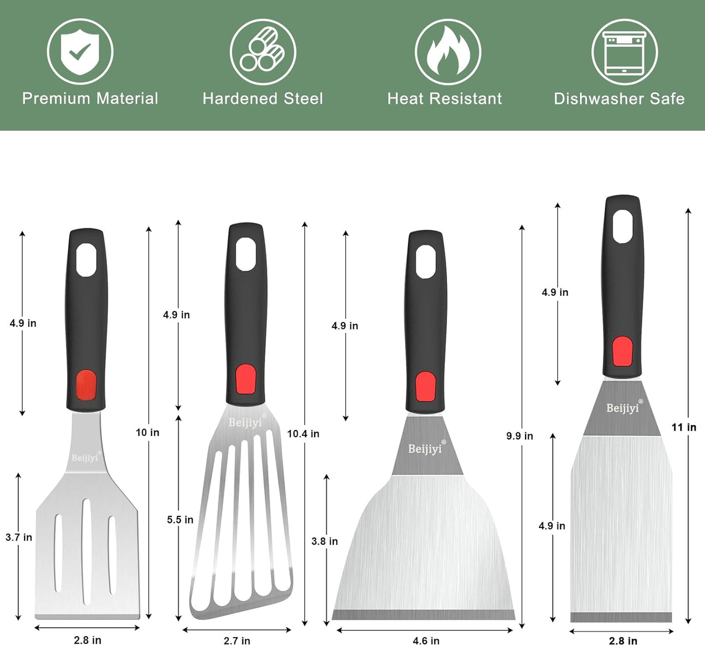 Beijiyi Stainless Steel Spatula Set, 4 Pack Small Metal Turner Spatulas for Kitchen Use, Cooking Utensils with Silicone Handle, Flipper Spatula for Fish, Egg, Smash Burger and Cookie Serving