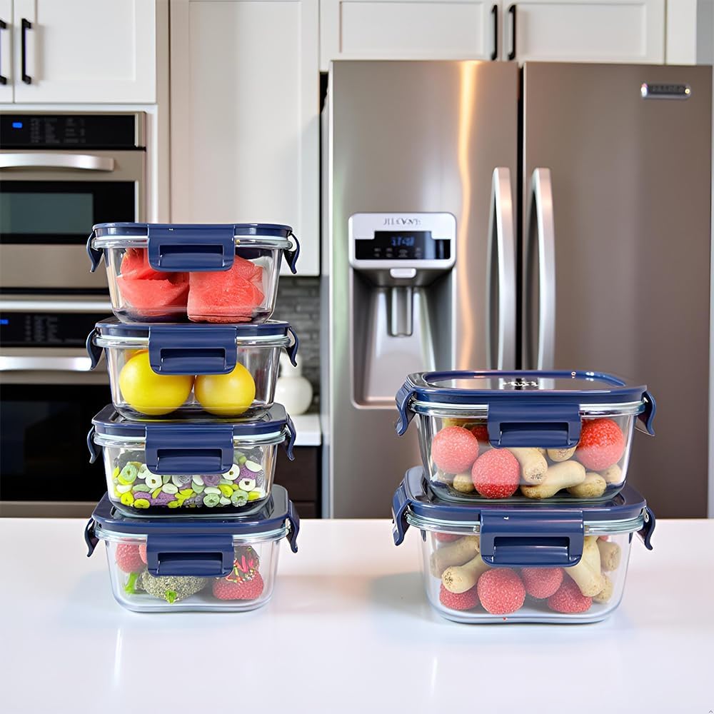 Square Glass Food Storage Containers With Lids，2 Cup Square Glass Containers With Lids, Small Food Containers, 16 oz Leak-proof lunch Bowls, Dishwasher Microwave Freezer Safe -(Dark Blue)