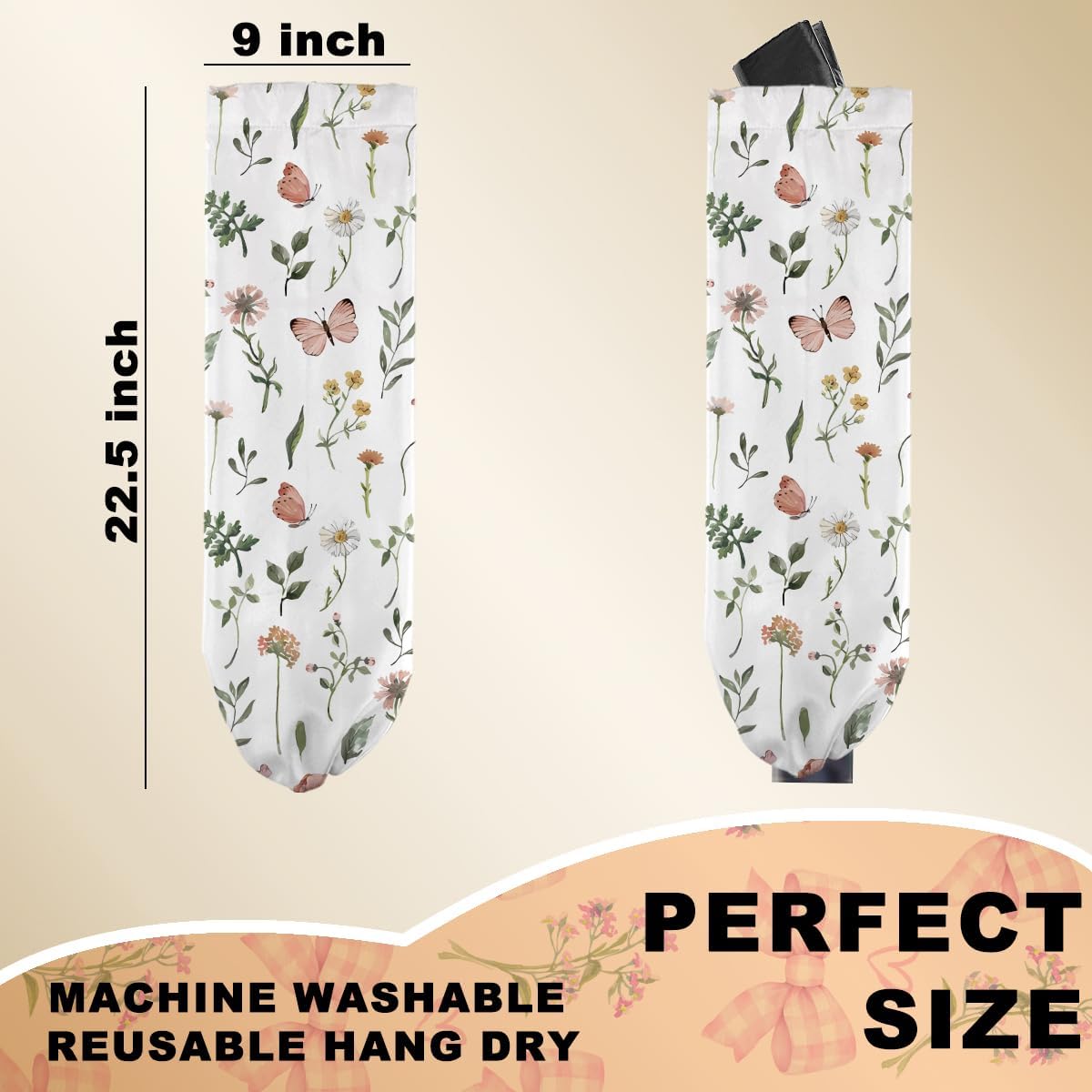 Boho Floral Plastic Bag Holder, Wall Mount Trash Bag Holder, Rustic Butterfly Large Reusable Grocery Bags Storage Dispenser for Home Kitchen Pantry Farmhouse, Flower Gifts for Women, 22.5x9 Inch