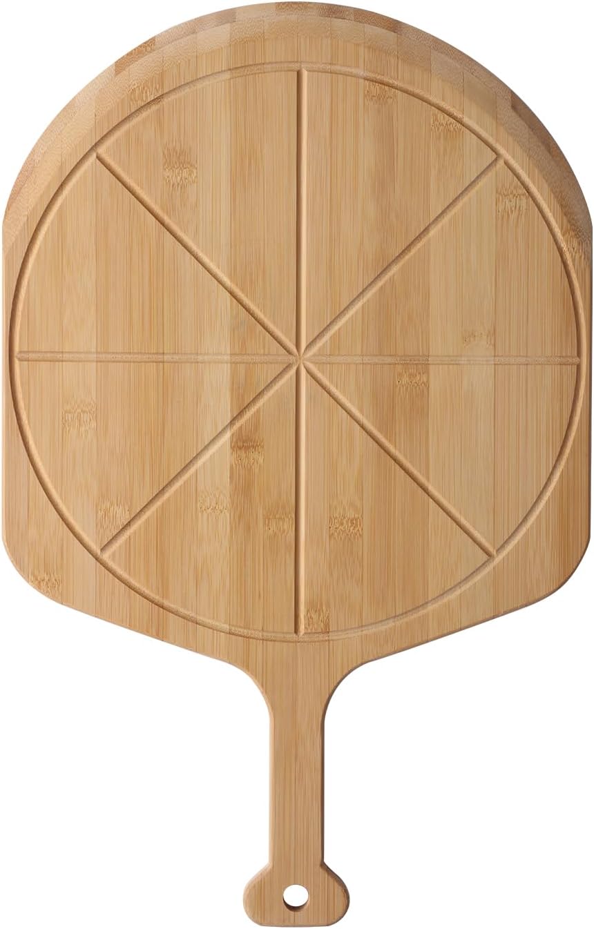 16' Bamboo Pizza Peel - Lightweight Smooth Wooden Paddle and Pizza Cutting Board with 8 Slice Grooves, Outdoor Oven Accessories, 23.6 x 16 Inch