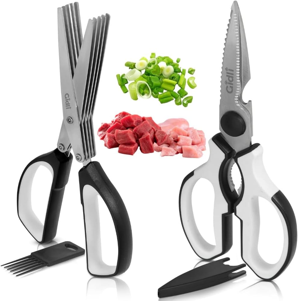 Gidli 2 Pack Herb Scissors & Kitchen Shears - Lifetime Replacement Warranty* - Herb Scissors with 5 Blades and Cover - Heavy Duty Vegetable Salad Multi Blade All-Purpose Food Shears Dishwasher Safe