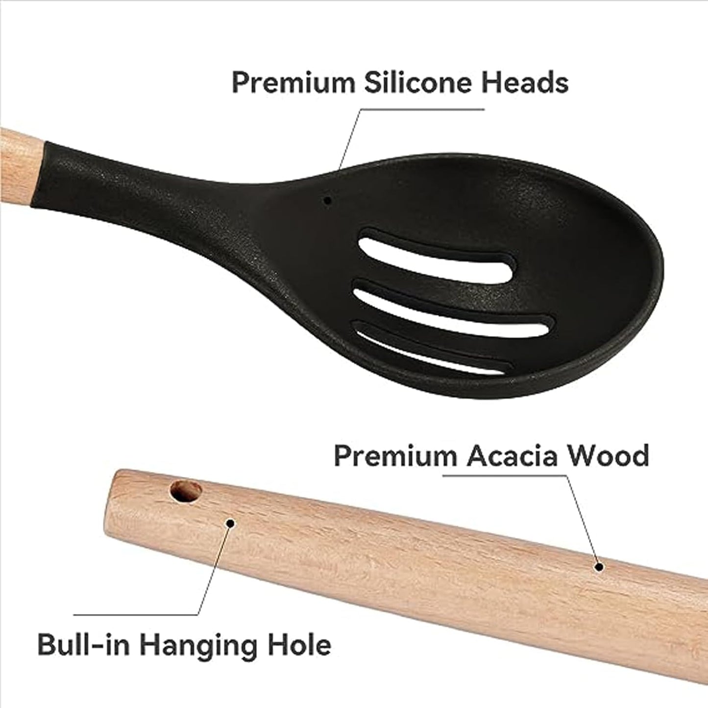 Non-Stick Silicone Cooking Utensils Set, 5 Pcs with Wooden Handle, Heat Resistant Silicone Kitchen Gadgets (Black)